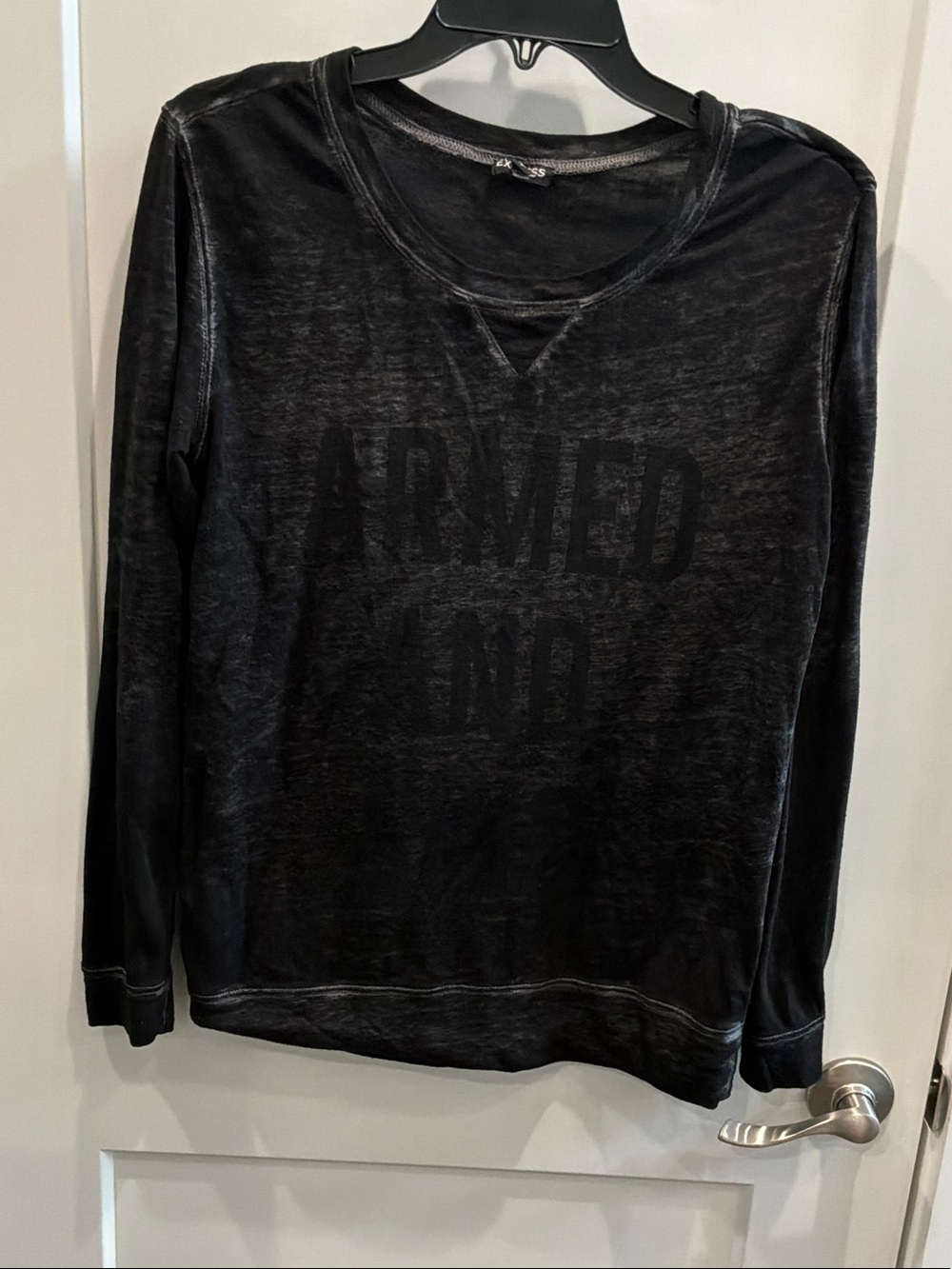 Express S Black Mineral Wash Long Sleeve Graphic Top “Armed and Chic”